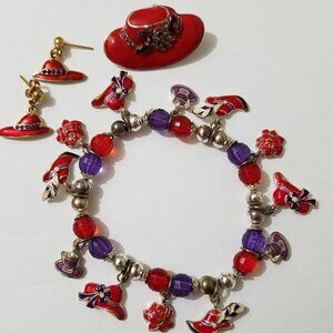 Red Hat Society Jewelry Charm Bracelet Earrings Brooch Red Purple Hat Brooch